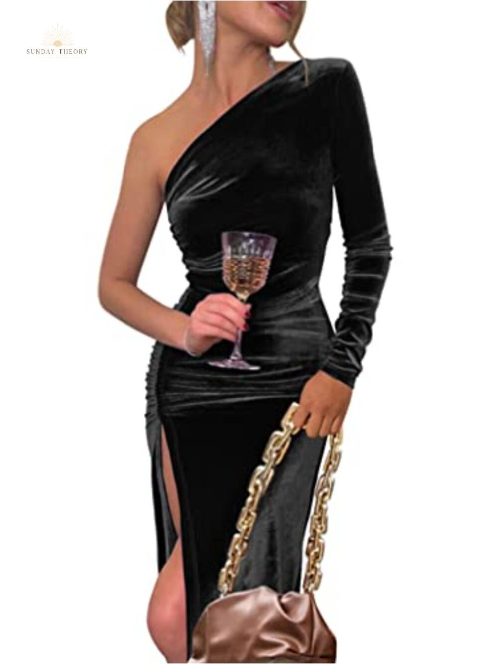 One Shoulder Long Sleeve Ruched Slit Party Dress